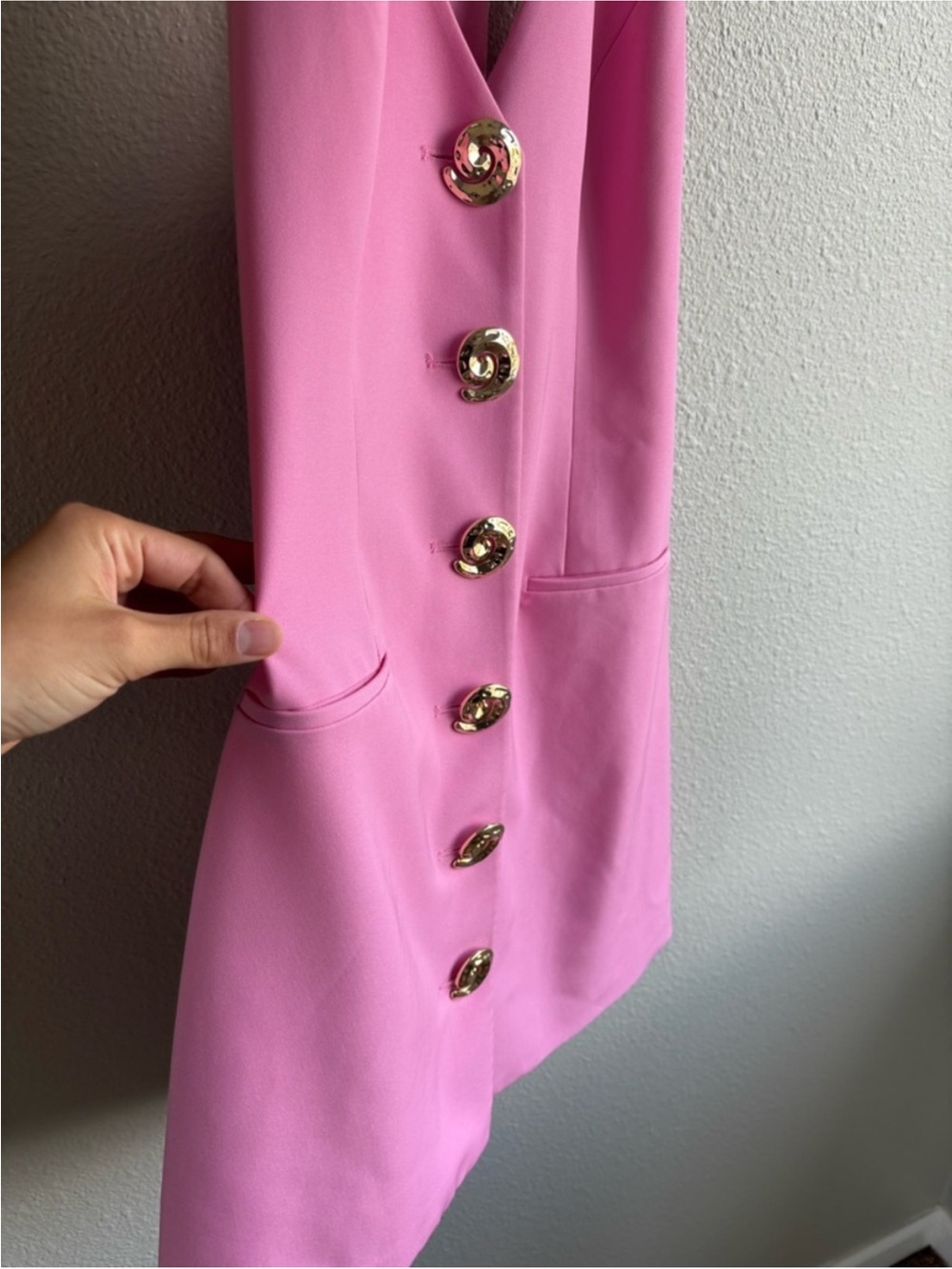 Pink Halter Mini Dress with Gold Buttons - Picture 5 of 10